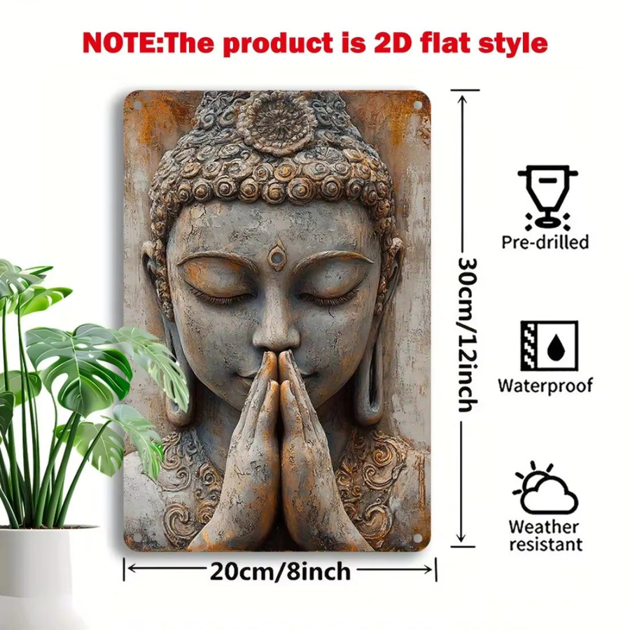HELLOYOUNG Vintage Buddha Blechschild aus Aluminium in Gold, Rechteckiges Metalldekor für Haus und Garten, B: 30,0 cm, H: 20,0 cm - Bild 2