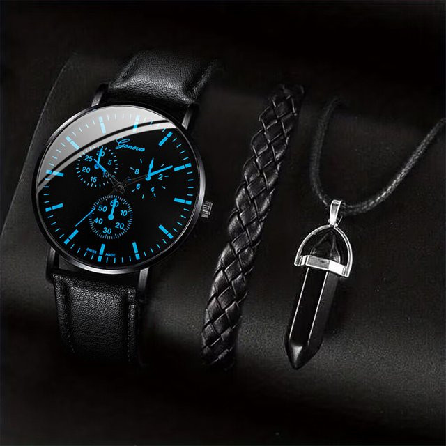 yolako Schmuck-Set, Armbanduhr, Analoguhr, Quarz, Leder, Schwarz, Herren - Bild 1