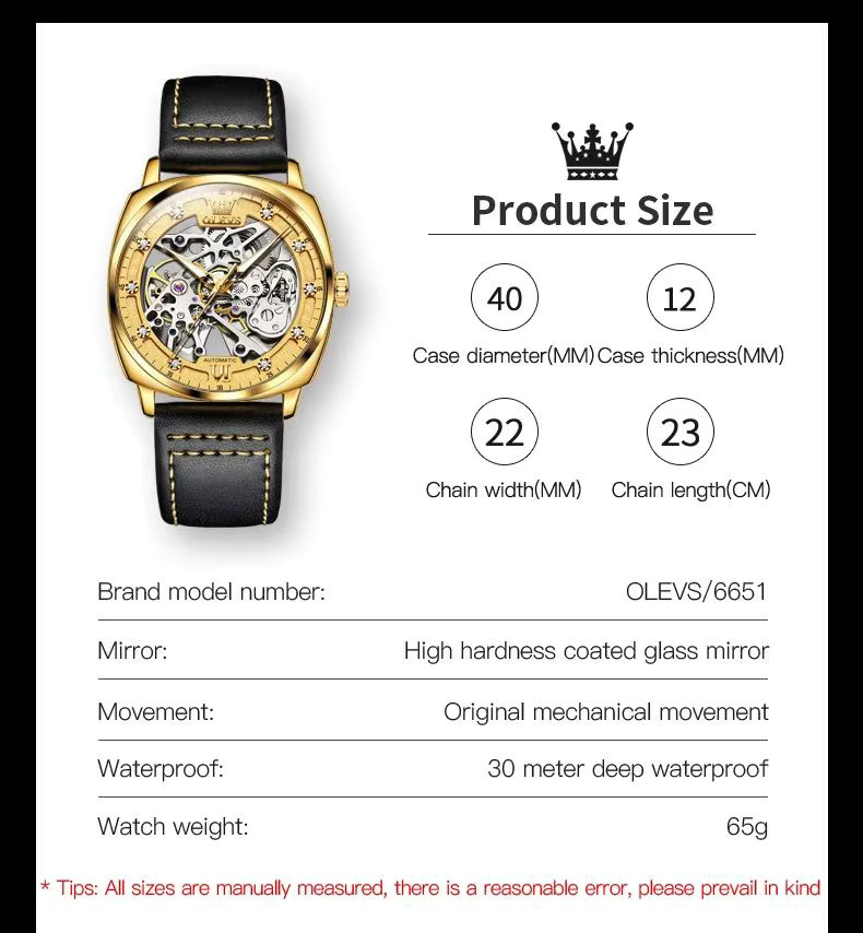 OLEVS Armbanduhr, Automatik, Leder, Schwarz, Gold, Herren - Bild 5