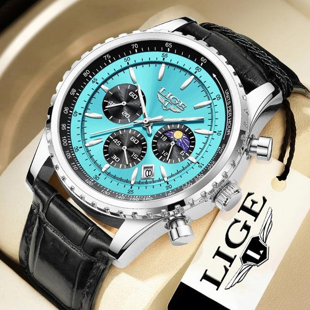 LIGE Armbanduhr Quarz, Chronograph, Edelstahl, 46 mm, Herren, Silber/Blau - Bild 1