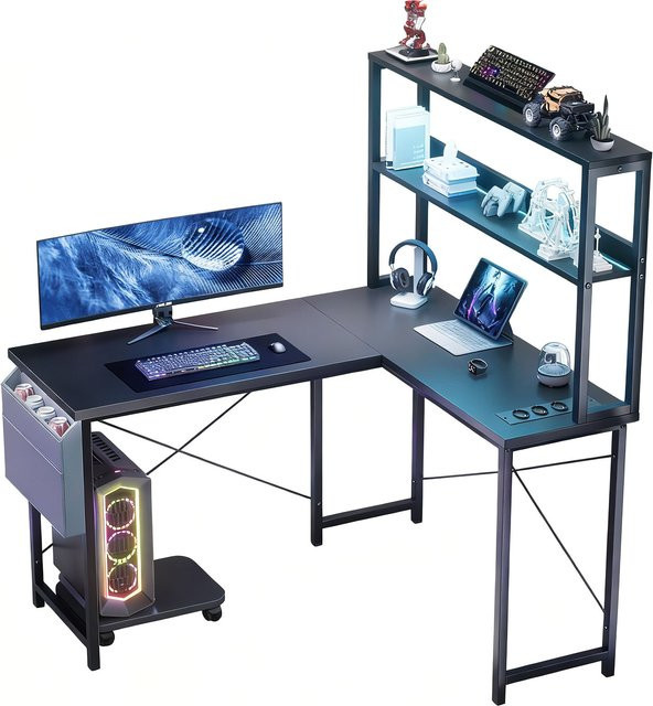 ThomP L-förmiger Gaming Schreibtisch in Schwarz mit RGB LED Beleuchtung, Regal und integrierter Steckdose, Breite: 148 cm - Bild 1