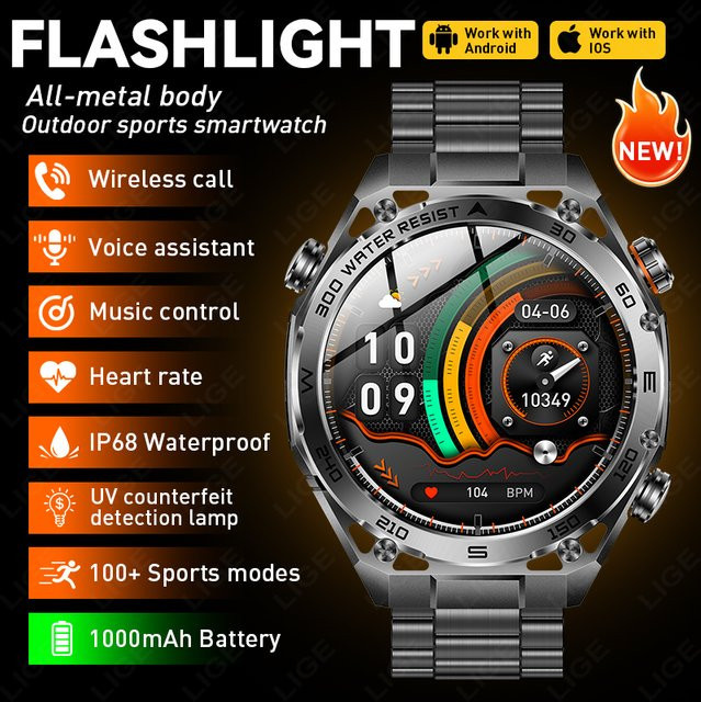 LIGE Smartwatch, Edelstahl, Schwarz, Herren, 1,53 Zoll, Wasserdicht - Bild 1