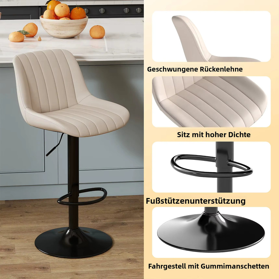 Ralex-chair Moderner Barhocker Beige aus PU-Leder mit vertikaler Linienrückenlehne, drehbar und höhenverstellbar - Bild 5