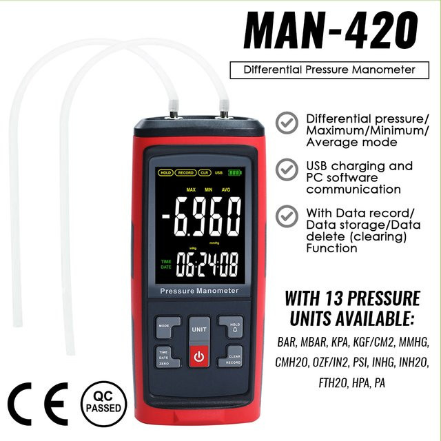 Digitales Differenzmanometer GAIN EXPRESS Luftdruckmesser U-Typ in Rot mit ±50 KPa Messbereich für pneumatische Kompressorventile und Tanks - Bild 1