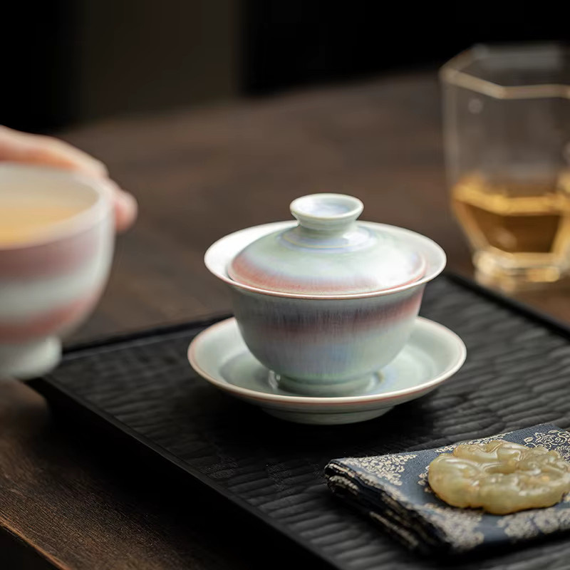 Traditionelle Sancai Gaiwan Teeschale aus Keramik mit Rot-Blau-Glasur, 150 ml - Bild 3