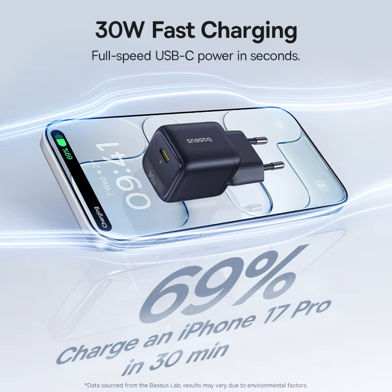 Baseus 30W USB-C GaN-Schnellladegerät mit PD3.0, QC3.0 und PPS in Schwarz - Bild 2