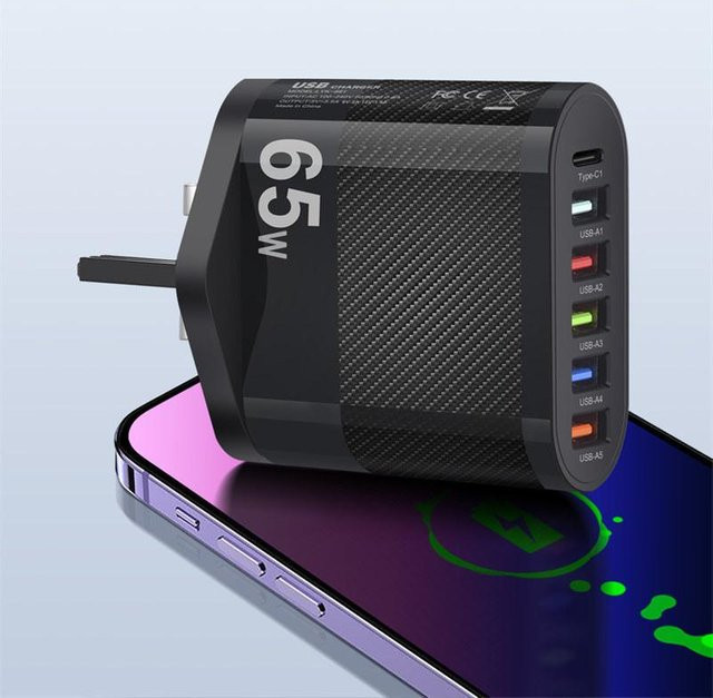 QLY Online USB-Ladegerät mit 5 Ports und PD-Schnellladefunktion, QC 3.0 Wandladegerät für Xiaomi, iPhone 13 und Samsung, Schwarz - Bild 1