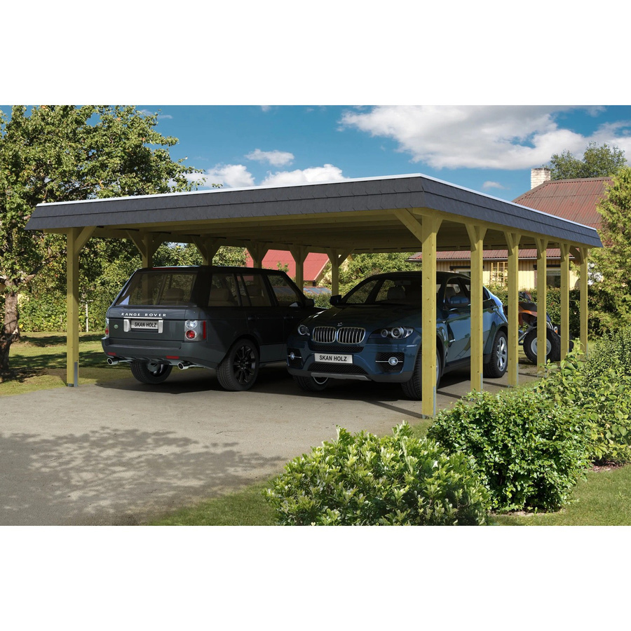 Skan Holz Doppelcarport Spessart Walmdach in Grün mit Regenrinne und Pfostenankern B/T: 585 x 893 cm - Bild 2