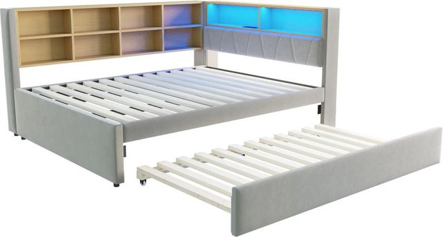 Merax Schlafsofa Hellgrau mit LED-Beleuchtung, USB-Anschluss und Ausziehbett, B/T/H: 213 x 140 x 153 cm - Bild 1