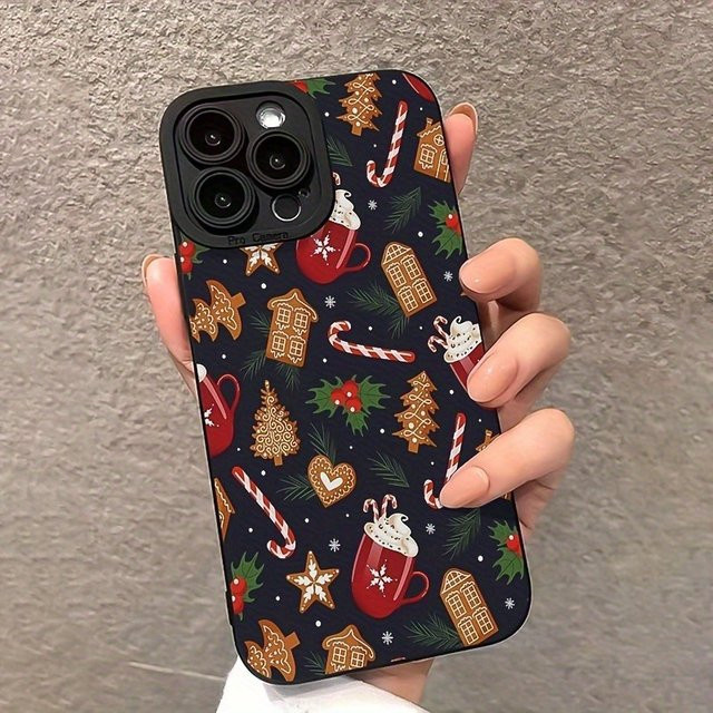 Handyhülle aus TPU mit Weihnachtsbaum-Herz-Lebkuchenmann-Muster in Schwarz und Multicolour für iPhone 11 bis iPhone 17 Pro Max, mattiertes Design - Bild 1