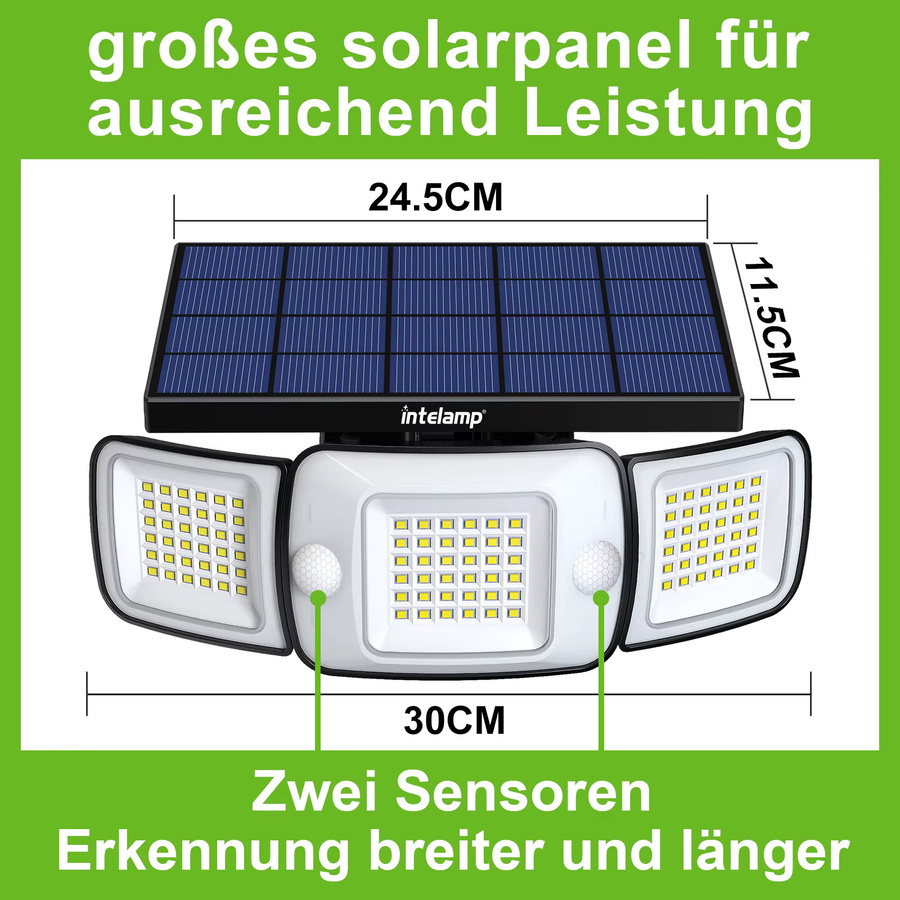 Intelamp Solar-Flutlicht mit Doppel-Bewegungssensor, IP65 wasserdichte LED Außenleuchte für Garten und Garage, 6500K Kaltweiß, 4000mAh Akku - Bild 5