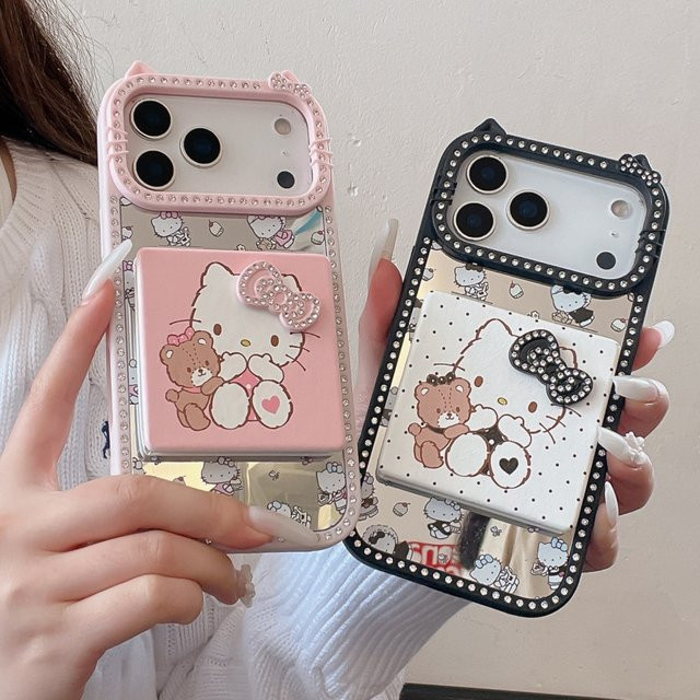 Sanrio Hello Kitty Handyhülle mit Glitzer-Diamant und Klapp-Make-up-Spiegel für iPhone 17 16 15 14 13 Pro Max in Schwarz oder Pink - Bild 1