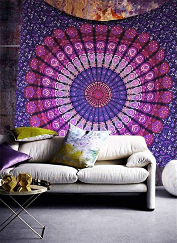 VIKAMA Wandteppich mit Mandala-Motiv in Lila, Bohemian Wandbehang aus Baumwolle mit geometrischem Druck, B: 150 cm, H: 130 cm - Bild 1