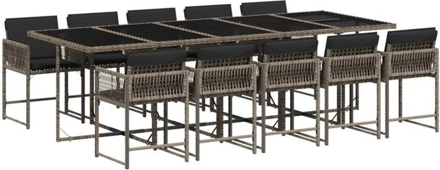 vidaXL 11-tlg Garten-Essgruppe aus Poly Rattan mit Kissen und Hartglas in Grau - Bild 1