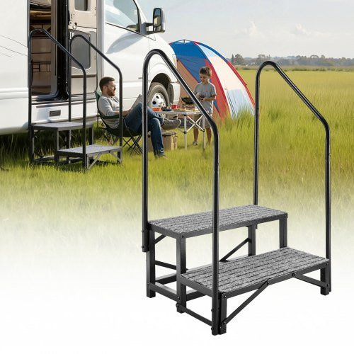 VEVOR RV Treppe mit Doppelhandlauf, 2 Stufen, Tragkraft 300 kg, robuste Outdoor Treppe mit rutschfester Matte für Wohnmobile, Camper und Spa, Farbe: Schwarz - Bild 1