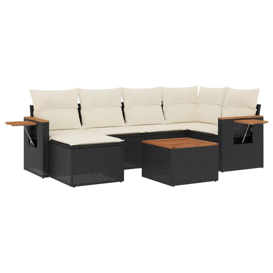 vidaXL 7-tlg Garten-Sofagarnitur aus Poly-Rattan und Akazienholz in Schwarz mit cremeweißen Kissen - Bild 2