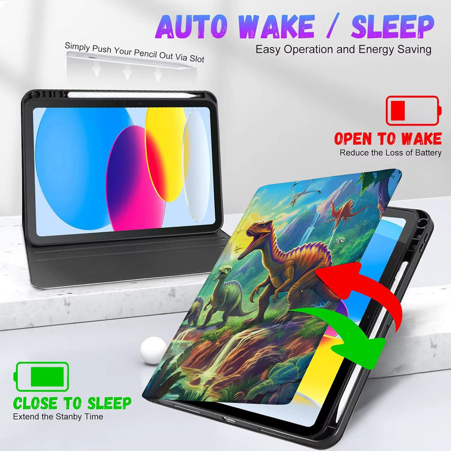 Apple iPad Schutzhülle mit Dinosaurier-Muster in Multicolor, Smart Cover mit Auto Wake/Sleep Funktion für iPad 10. Generation (10,9 Zoll) und 9. Generation (10,2 Zoll) - Bild 3