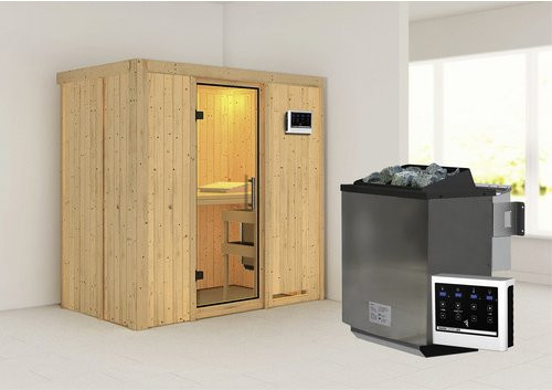 Karibu Sauna Pärnu aus Fichtenholz in Beige inklusive 9 kW Bio-Kombi-Saunaofen mit externer Steuerung für 2 Personen, B/T/H: 198 x 118 x 196 cm - Bild 1