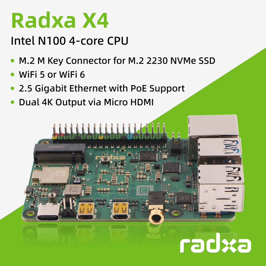 Radxa X4 Single Board Computer mit Intel N100, Dual 4K Ausgang, 2,5Gbps Ethernet, PCIe 3.0 M.2 M Key und WiFi 5/6 - Bild 2