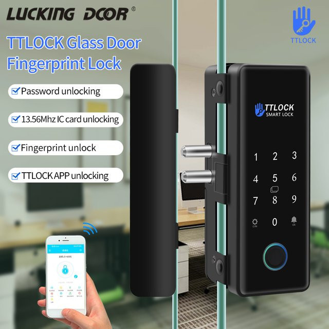LUCKING DOOR Intelligentes Glastürschloss in Schwarz mit Bluetooth TTLOCK App, biometrischem Fingerabdruck, Passwort und 13,56 MHz RFID-Steuerung - Bild 1