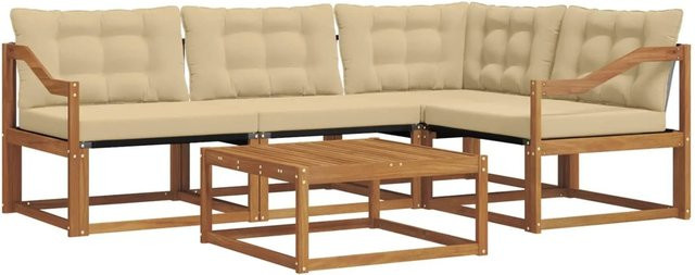vidaXL Outdoor-Sofagarnitur 5-teilig aus massivem Akazienholz mit Textilene und Kissen in Natur-Beige - Bild 1