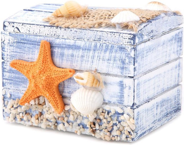 Tragbare kleine Schmuckschatulle aus Holz im mediterranen Stil mit Seestern-Design in Weiß, Blau und Gelb - Bild 1