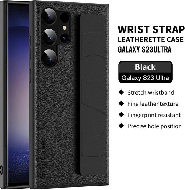 Stoßfeste Leder-Handyhülle mit Handgelenk-Band für Samsung Galaxy S22, S23 und S23 Ultra Plus in Schwarz - Bild 1