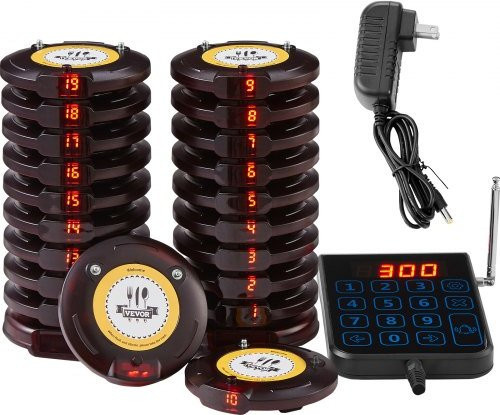 VEVOR Restaurant-Pager-System mit 20 kabellosen Pager-Empfängern in Schwarz und Braun, Warteschlangensignal mit 500 m Reichweite, Vibration und Blinken für Imbisswagen, Krankenhäuser oder Gastronomie - Bild 1