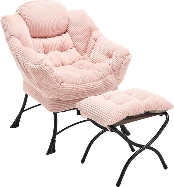 Lounge-Sessel mit Hocker und Seitentasche in Rosa mit Flanellbezug, B/T/H: 69,9 x 64,0 x 95,0 cm - Bild 1