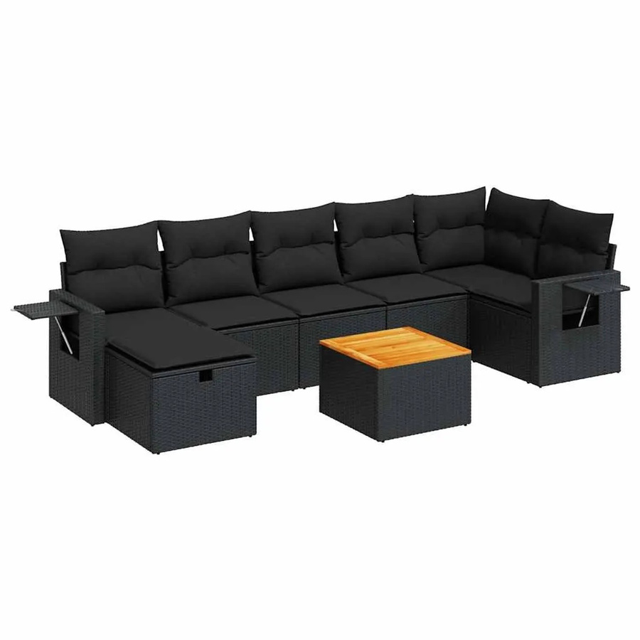 vidaXL 8-teilige Garten-Sofagarnitur in L-Form aus schwarzem Poly-Rattan mit Kissen und Akazienholz - Bild 2