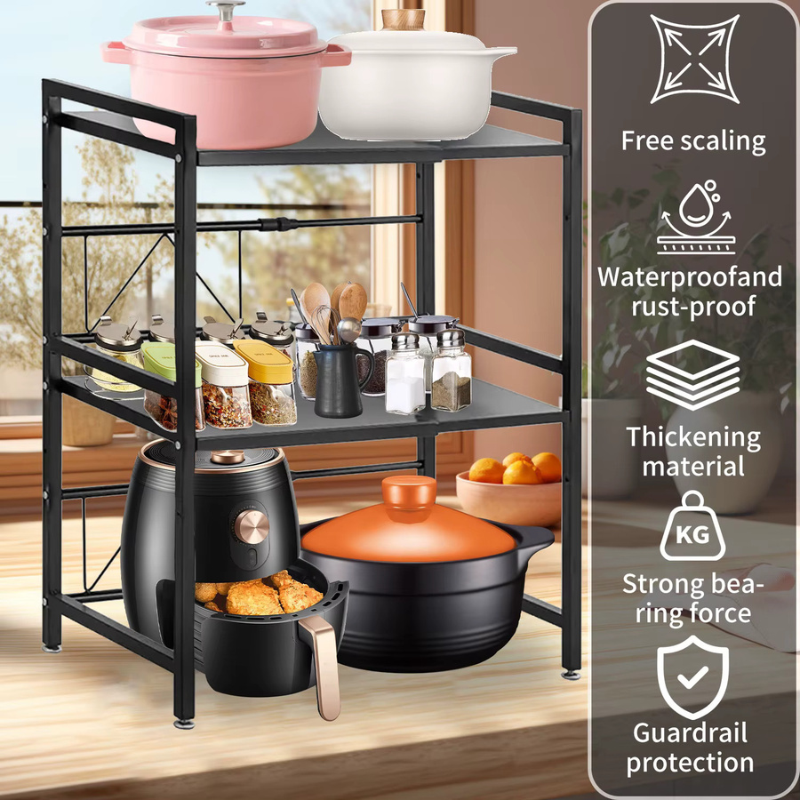 HGTUGO 3-stufiges Küchen-Mikrowellenregal aus Kohlenstoffstahl in Schwarz, höhenverstellbares und erweiterbares Aufbewahrungsregal für die Arbeitsplatte mit abnehmbaren Haken - Bild 3