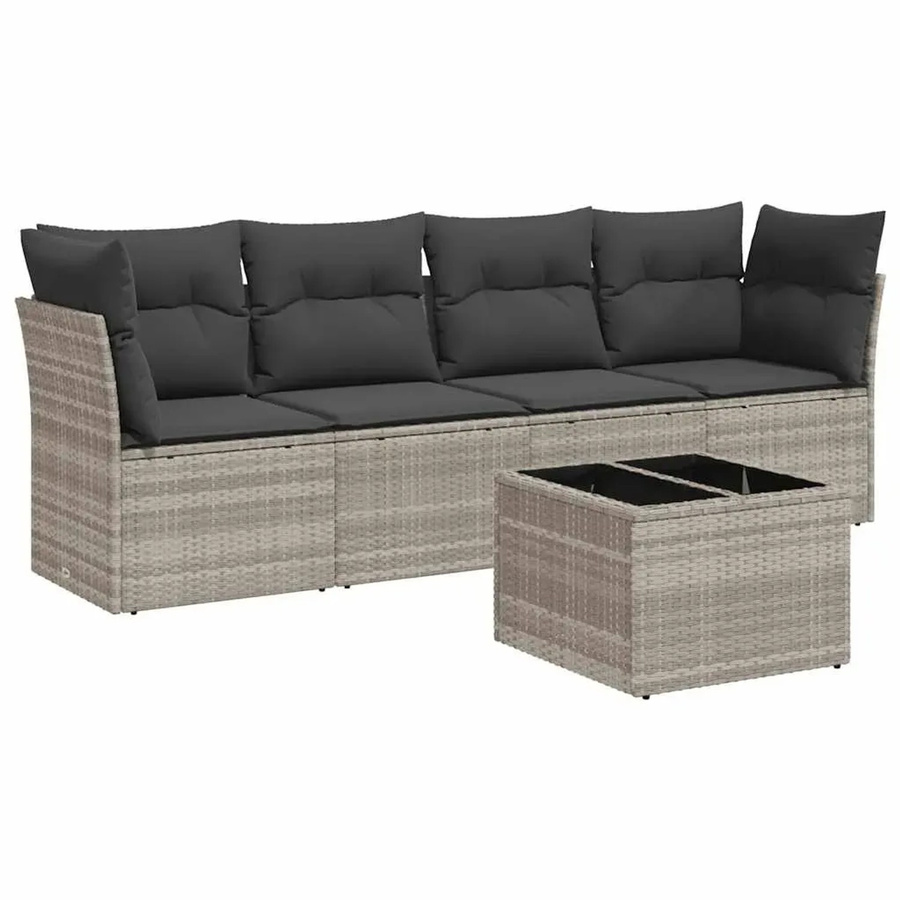 vidaXL 5-teilige Garten-Sofagarnitur aus Poly-Rattan mit Kissen in Hellgrau - Bild 2