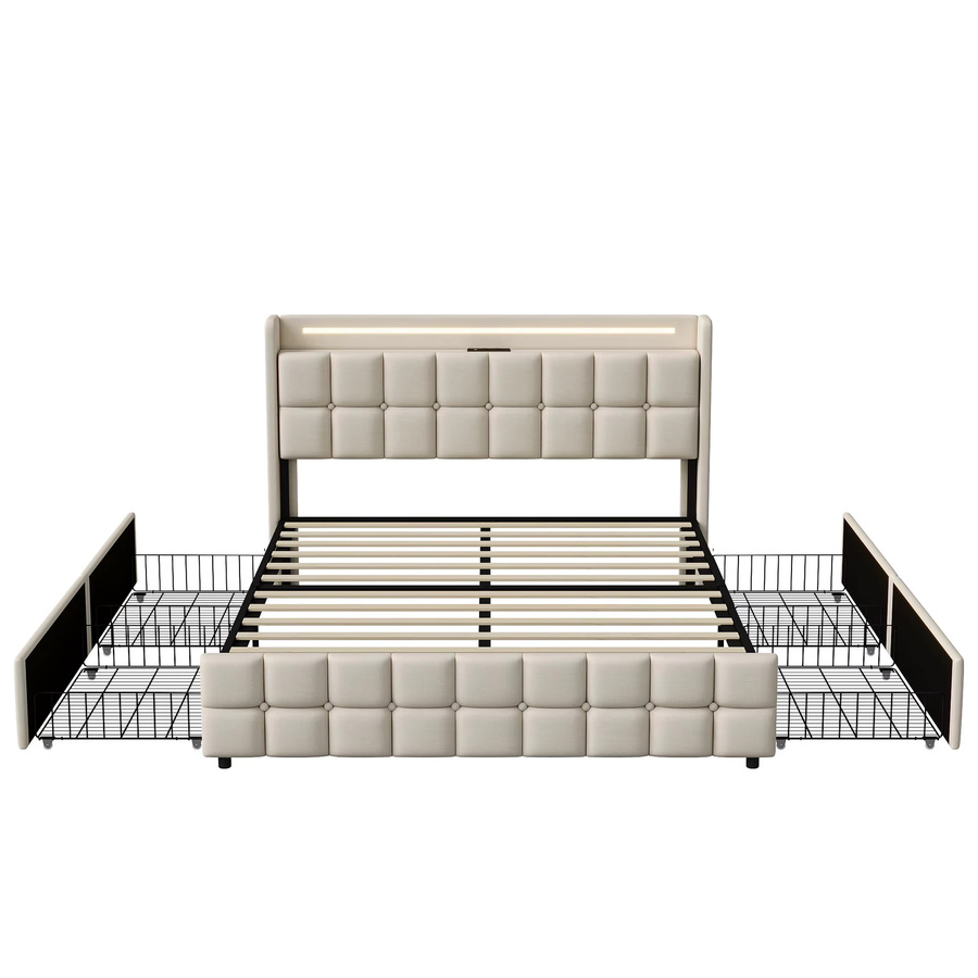 Superaly Polsterbett mit 4 Schubladen und Stauraum im Kopfteil aus Leinen in Beige, B/T: 160 x 200 cm - Bild 5