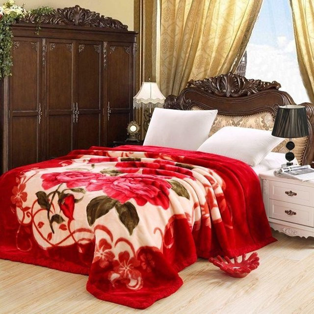WTEMPO Fleecedecke aus weichem Raschel-Nerz, Rot mit floralem Muster, B/B: 150 x 200 cm - Bild 1