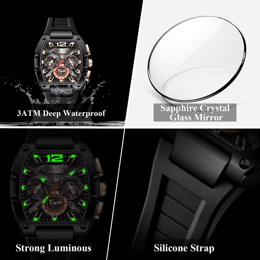 POEDAGAR Armbanduhr Chronograph, Quarz, Silikon, Schwarz, Herren - Bild 4