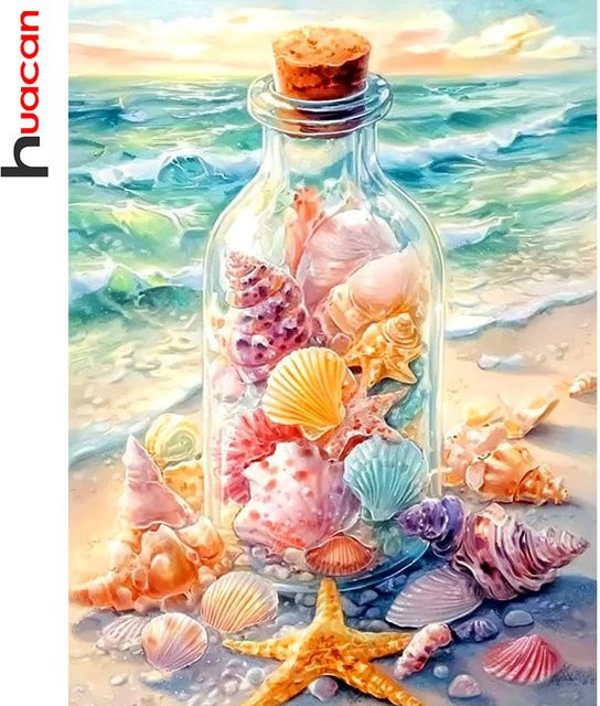 Huacan Diamantmalerei Strandlandschaft mit Treibflasche und Muscheln, Mehrfarbig, Durchmesser: 30,0 cm - Bild 1