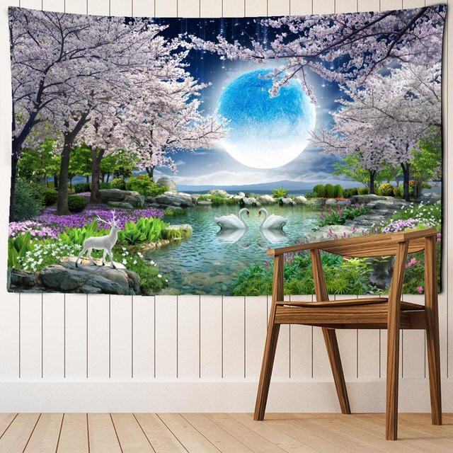 Binchi Wandteppich Boho Design mit Blumen und Vögeln unter Mondlicht, Mehrfarbig, B x H: 95 x 70 cm - Bild 1