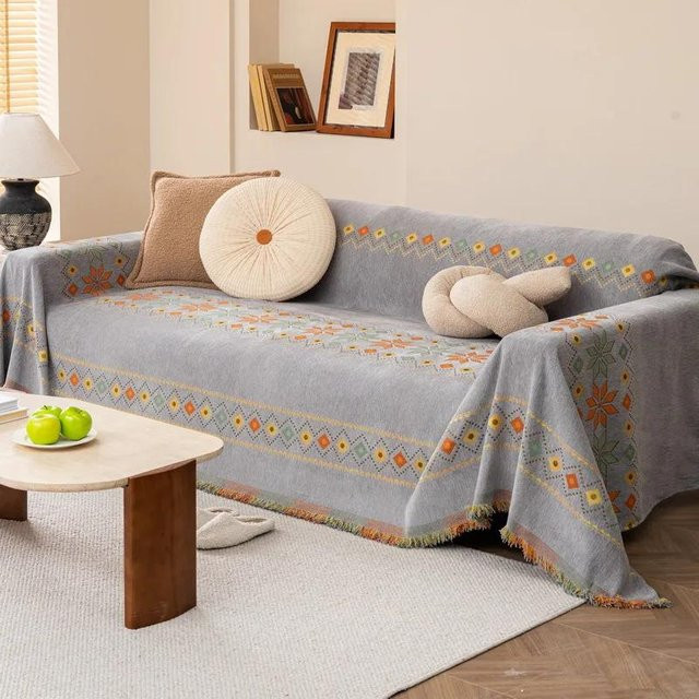 Chenille Sofaüberwurfdecke im Boho-Stil mit unregelmäßigem Streifenmuster, Grau, B/T: 180 x 130 cm - Bild 1