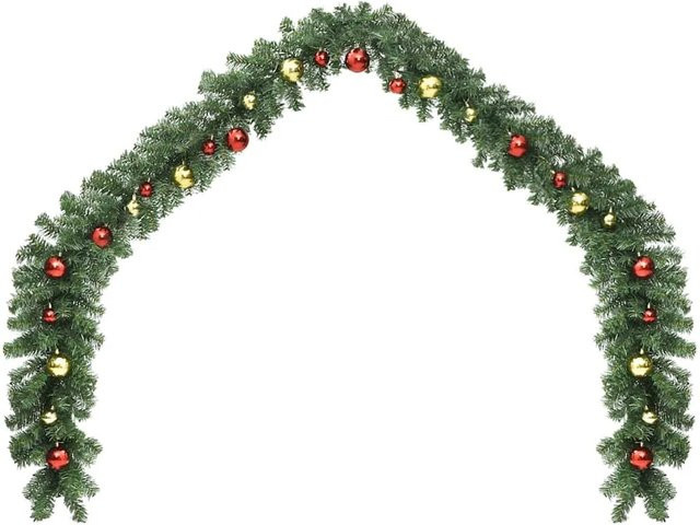 vidaXL Weihnachtsgirlande mit LED-Leuchten und Kugeln in Grün, Gold/Messing und Rot, Länge: 5 m - Bild 1