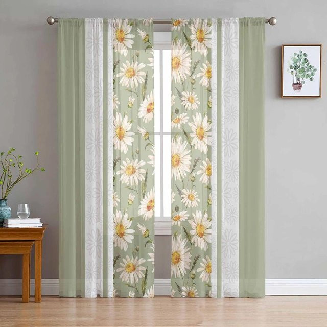Yifulin Transparente Tüll-Vorhänge mit Gänseblümchen-Blumenmuster in Salbei Grün, Breite: 135 cm, Höhe: 114 cm - Bild 1