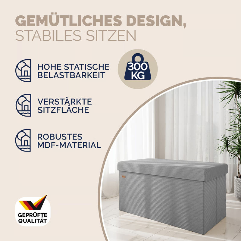 Faltbare Sitzbank von CASARIA aus Cord und MDF in Grau, B/T/H: 76 x 38 x 38 cm - Bild 3