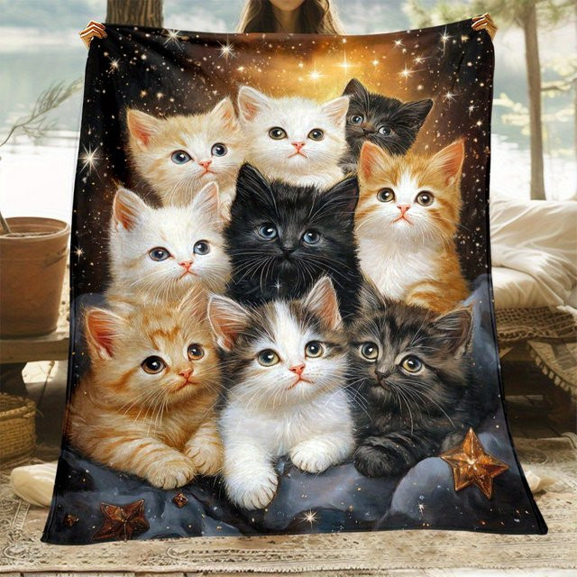 VIKAMA Kuschelige Katze-Sternenhimmel-Decke in Multicolour, weich und hautfreundlich, B/H: 90 x 75 cm - Bild 1