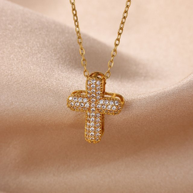 HPTOTMG Halskette, Kreuz-Anhänger, Gold, Zirkonia, Damen, Punk - Bild 1