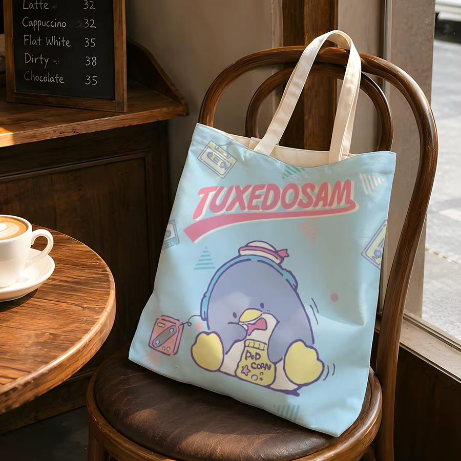 Wiederverwendbare Canvas Tragetasche mit Cartoon T-Tuxedo Motiv in Weiß für Schule und Alltag - Bild 3