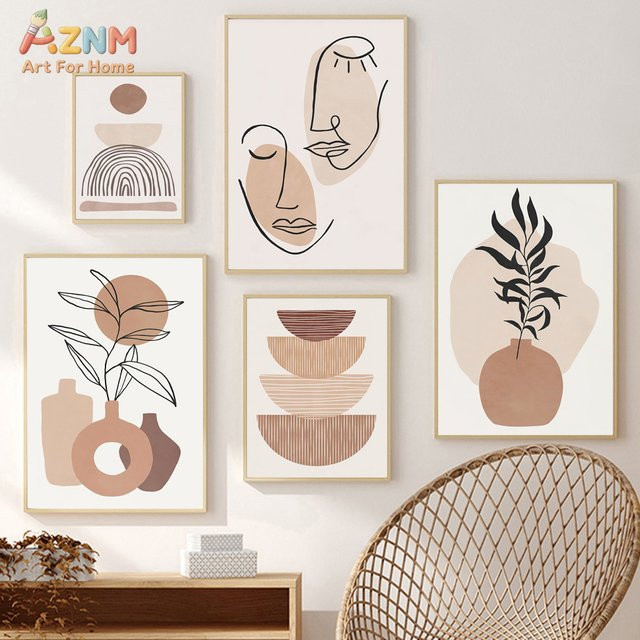 AZNM Boho Wandkunst Leinwand Abstraktes Gemälde mit Gesichtslinien und Botanik in Terrakotta und Beige - Bild 1