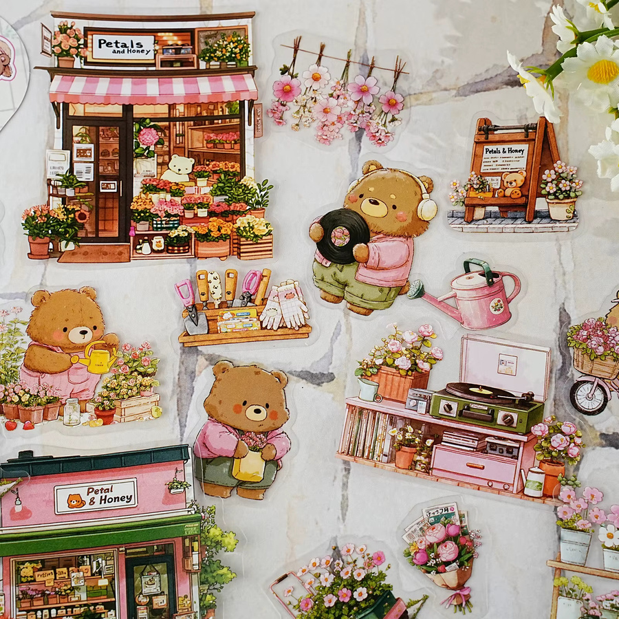 Etori Life 15-teiliges Set niedliche Bären-Aufkleber mit Blumenmuster und Stadtarchitektur-Muster in Multicolour für Laptops, Gitarren, Tagebücher und Scrapbooking - Bild 2