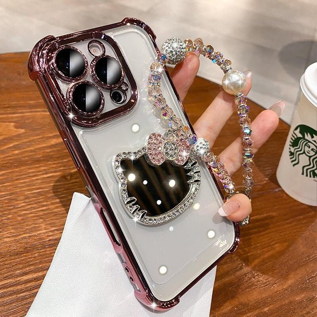Stoßfeste Kitty Spiegel Handyhülle mit Armband für Motorola Moto Edge 60 50 Fusion G56 G84 G24 G14 G54 G05 E13 G22 in Transparent Multicolour - Bild 1
