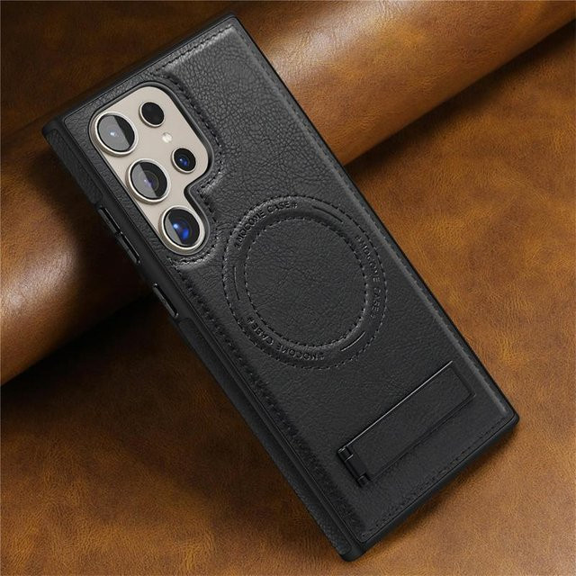 Luxus Leder Handyhülle mit Magnet-Klappständer für Samsung S26 S25 S24 S23 S22 Ultra Plus, Stoßfest und kabelloses Laden, Farbe: Schwarz - Bild 1