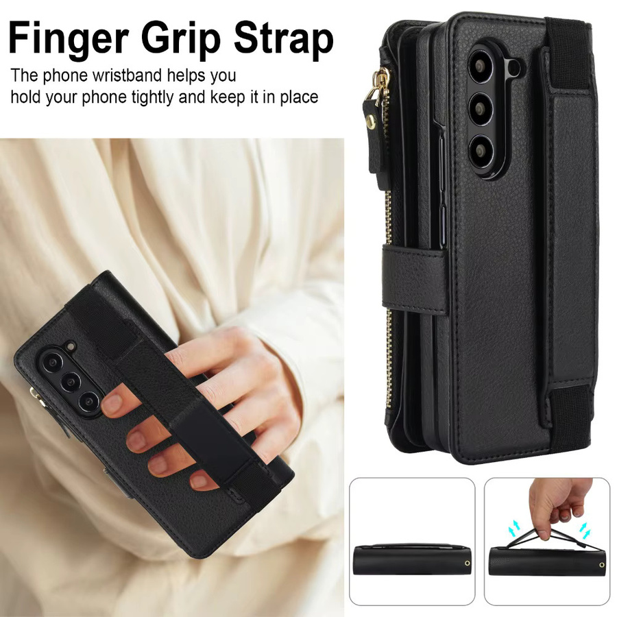 Samsung Umhängetasche aus Lanyard-Leder für Galaxy Z Fold 3, 4, 5, 6, 7 in Braun mit Armband, Kartenhalter und Brieftasche - Bild 2