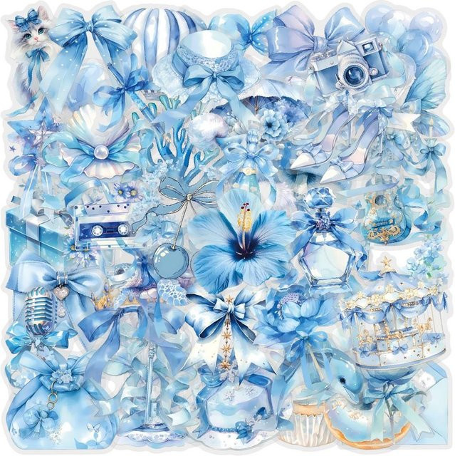 60 Stück Coquette Sticker-Set von RecordingYourLife Store, blau und transparent, wasserfeste PET Blumen-Sticker zur Dekoration von Notizbüchern und Gitarren - Bild 1